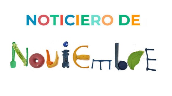 El colorido texto de la parte superior reza "Noticiero de" y, debajo, "Noviembre". Cada letra está hecha con distintos objetos y materiales, lo que da al diseño un toque creativo y de borrador automático.