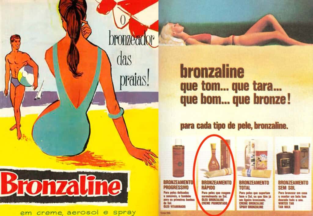 Los anuncios vintage de Brozaline de los años 70 muestran a una mujer en la playa, un hombre con una pelota y varios productos bronceadores de Brozaline con descripciones detalladas.