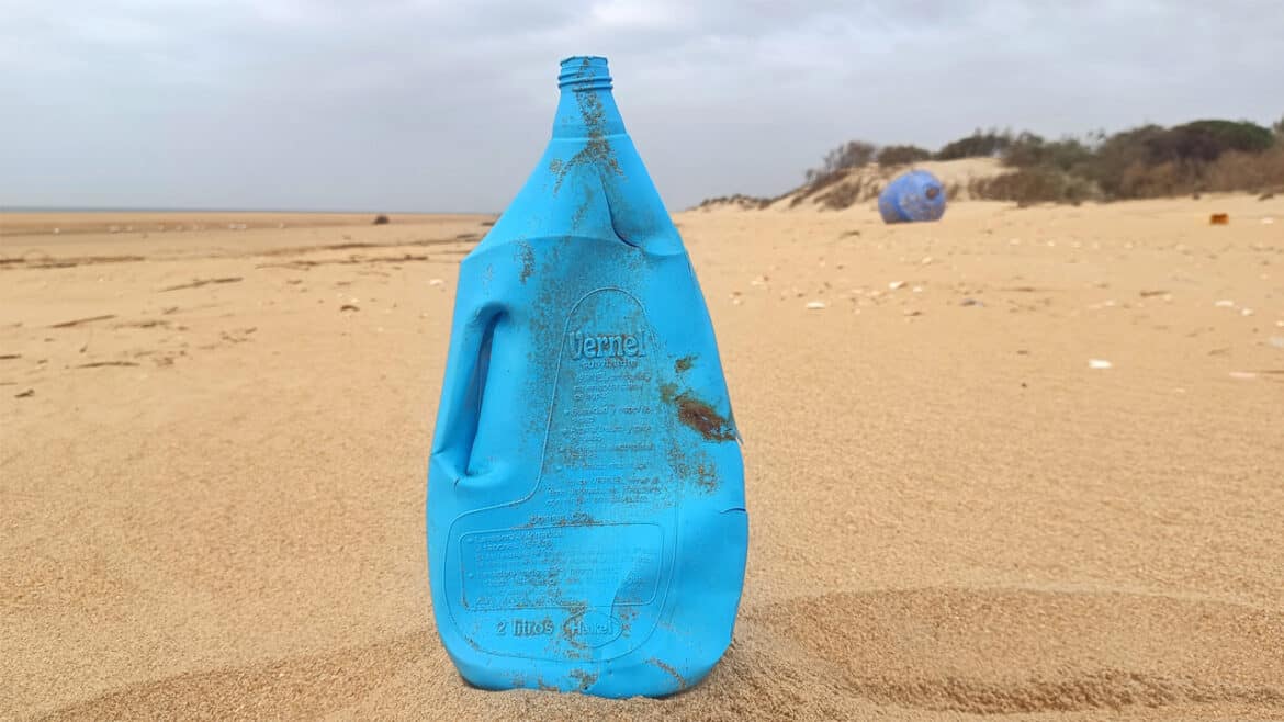 Un contenedor de plástico azul, con la inscripción "Borrador automático", está parcialmente enterrado en la arena de una playa desierta con algo de vegetación al fondo.