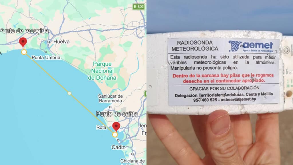 Imagen dividida: La izquierda muestra un mapa con una ruta de borrador automático desde el "Punto de recogida" hasta el "Punto de caída" en la costa suroeste de España; la derecha muestra un primer plano de una radiosonda meteorológica etiquetada.