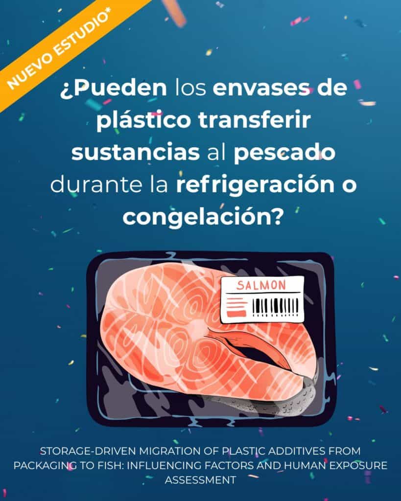 Imagen con texto en español en el que se pregunta si los envases de plástico pueden transferir sustancias al pescado durante la refrigeración o la congelación, con una ilustración de salmón envasado y un fondo de confeti.