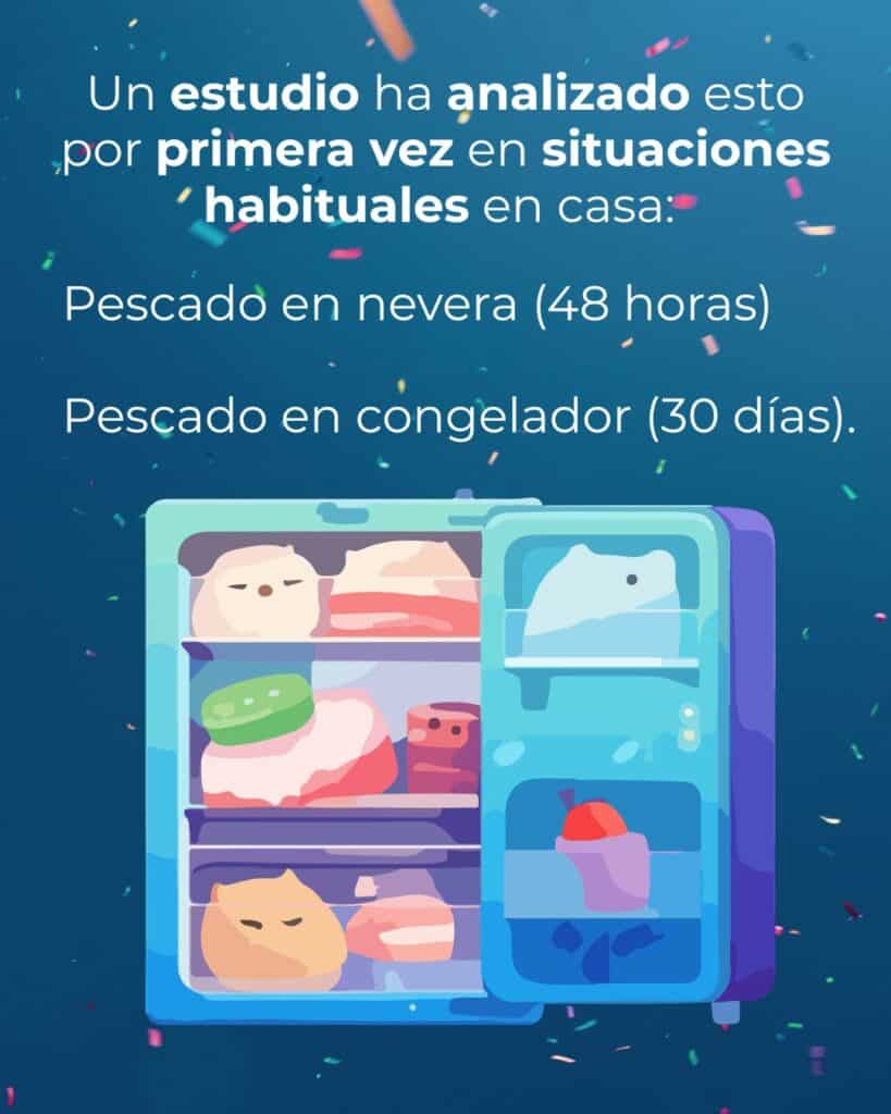 Ilustración de un frigorífico y un congelador con alimentos, en la que se muestra que el pescado se conserva 48 horas en el frigorífico y 30 días en el congelador, sobre todo si se guarda en envases de plástico que pueden transferir sustancias.