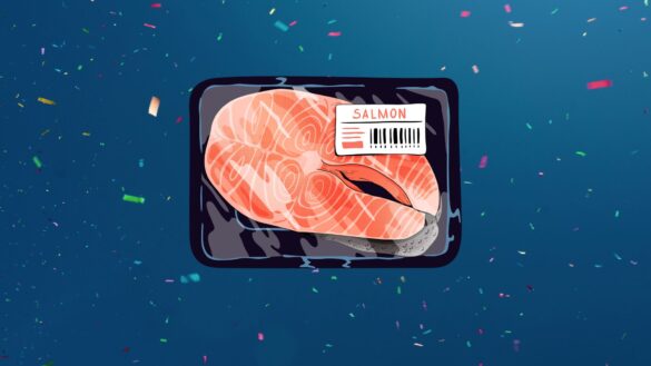 Ilustración de envases de plástico y pescado: filetes de salmón envasados en una bandeja de plástico con una etiqueta y un código de barras, sobre un fondo azul con confeti esparcido.
