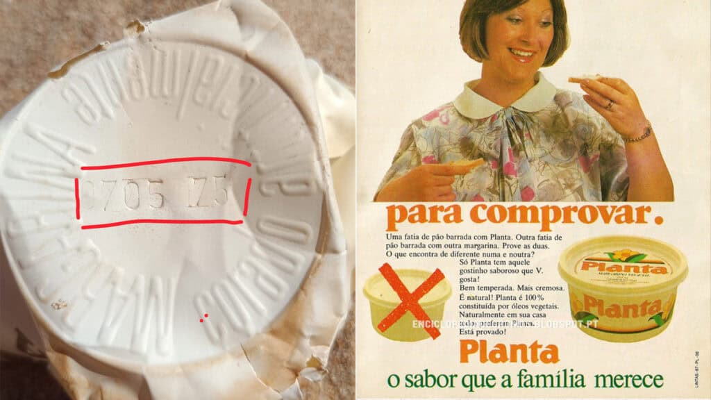 A la izquierda, primer plano de un código estampado en un envase de 1975. A la derecha, una mujer sonríe sosteniendo pan con Margarina Planta y un envase de margarina Planta sobre la mesa.