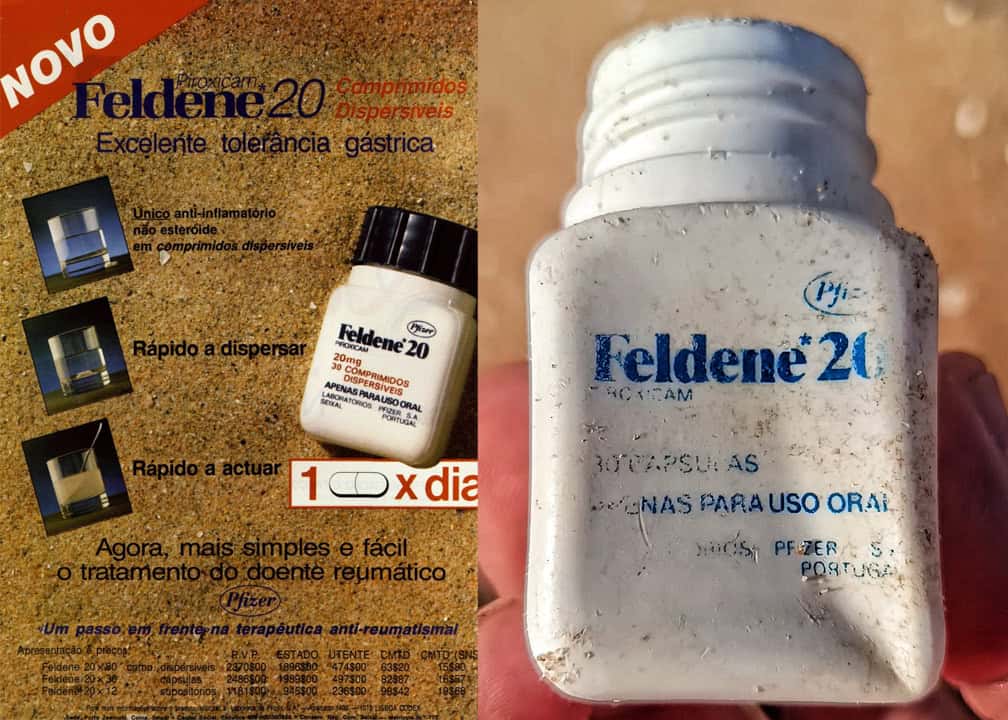 Se muestra un anuncio del medicamento Feldene 20 junto a un frasco de Feldene 20 arenoso y desgastado por el paso del tiempo, con la etiqueta descolorida, lo que evoca el aspecto clásico de Feldene en los años 80.